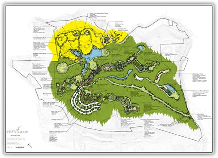 The master plan for the Pittsburgh Botanic Garden shows, in yellow, the portion that is now open to 
the public. Over time, each of the garden areas shown in green will be established. Once finished, there will 
be 18 distinct gardens and a variety of other spaces for the publics enjoyment.